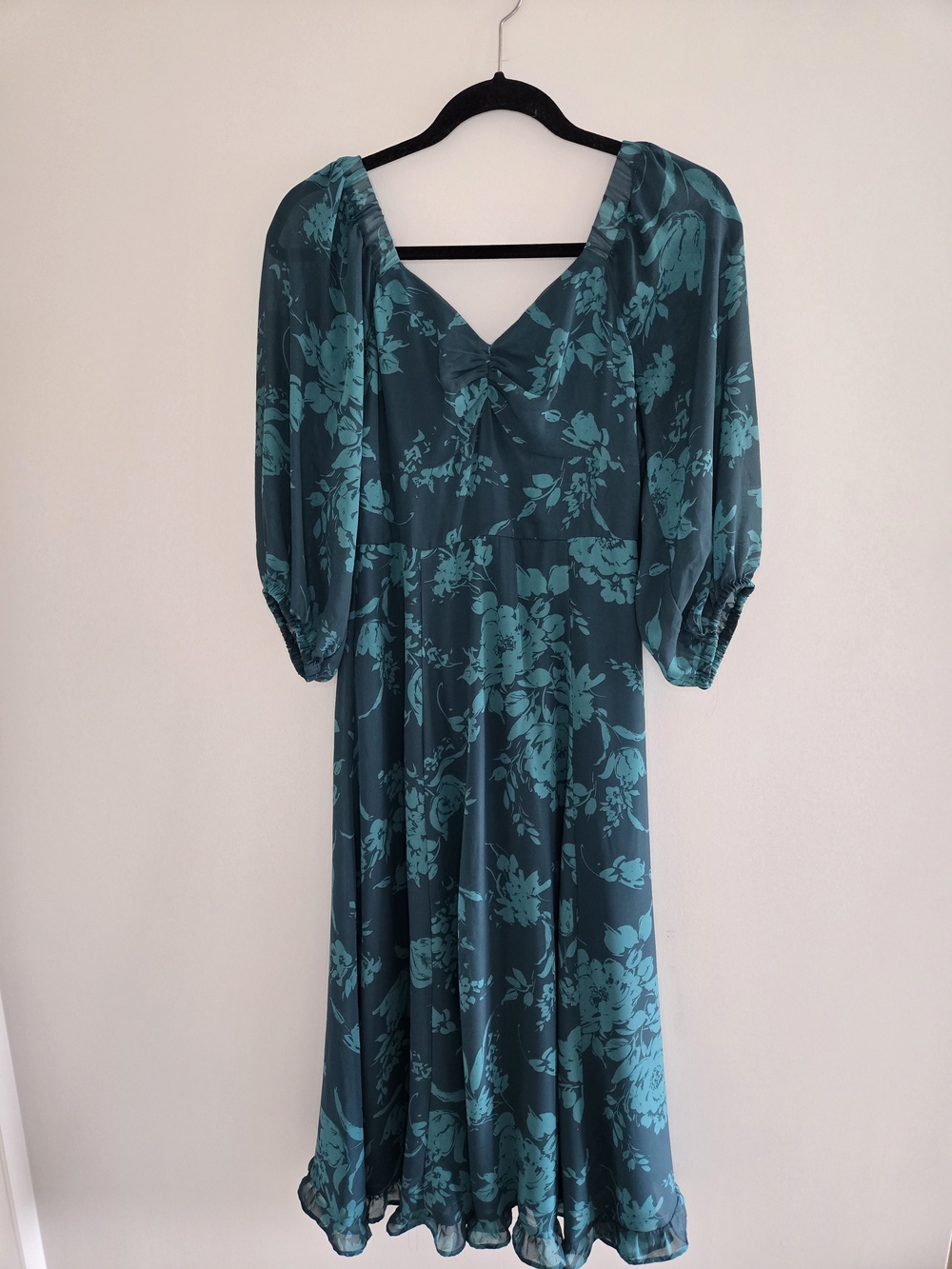Rachel Zoe teal floral midi dress, puff sleeves, lightweight, lined, size 4, new